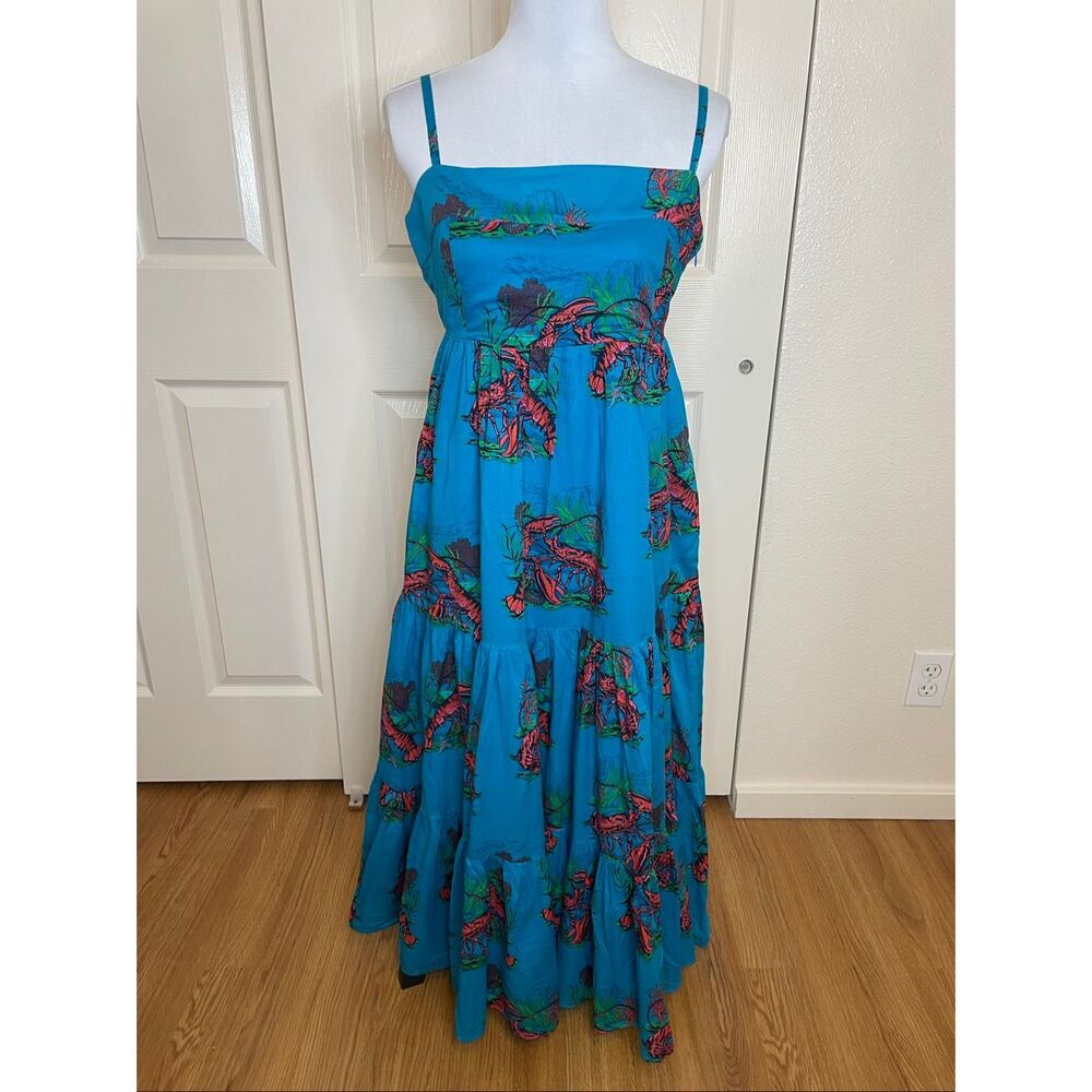 J.Crew Lobster Print Tiered Maxi Dress Sundress Turquoise Blue Size 6 - Picture 14 of 15